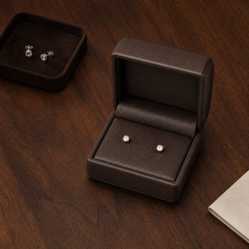 Brown genuine leather earring box with stud earrings in a retail presentation scene