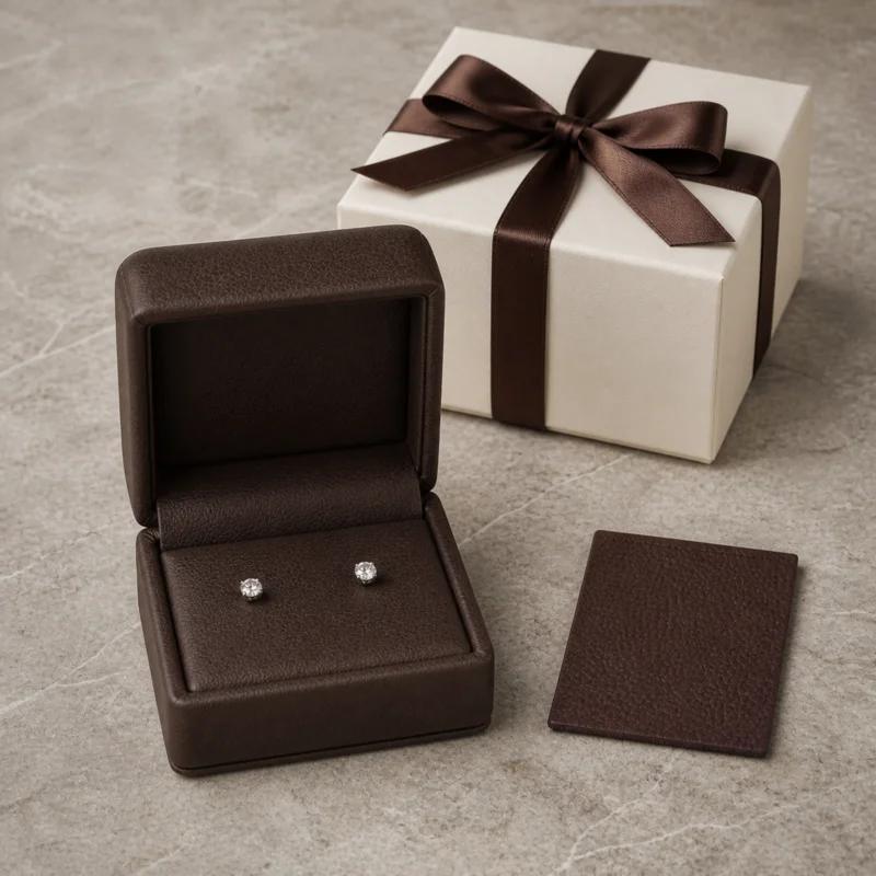 Brown genuine leather earring box with stud earrings and coordinated packaging material samples