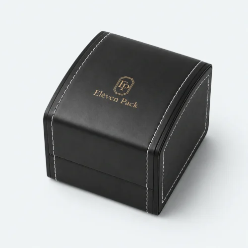 Closed black genuine leather watch box in an angled product view