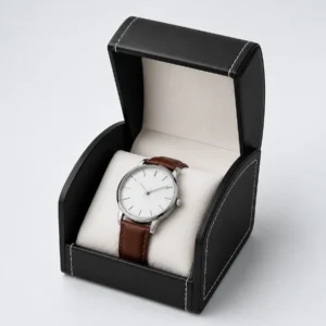 Black genuine leather watch box showing the watch cushion detail