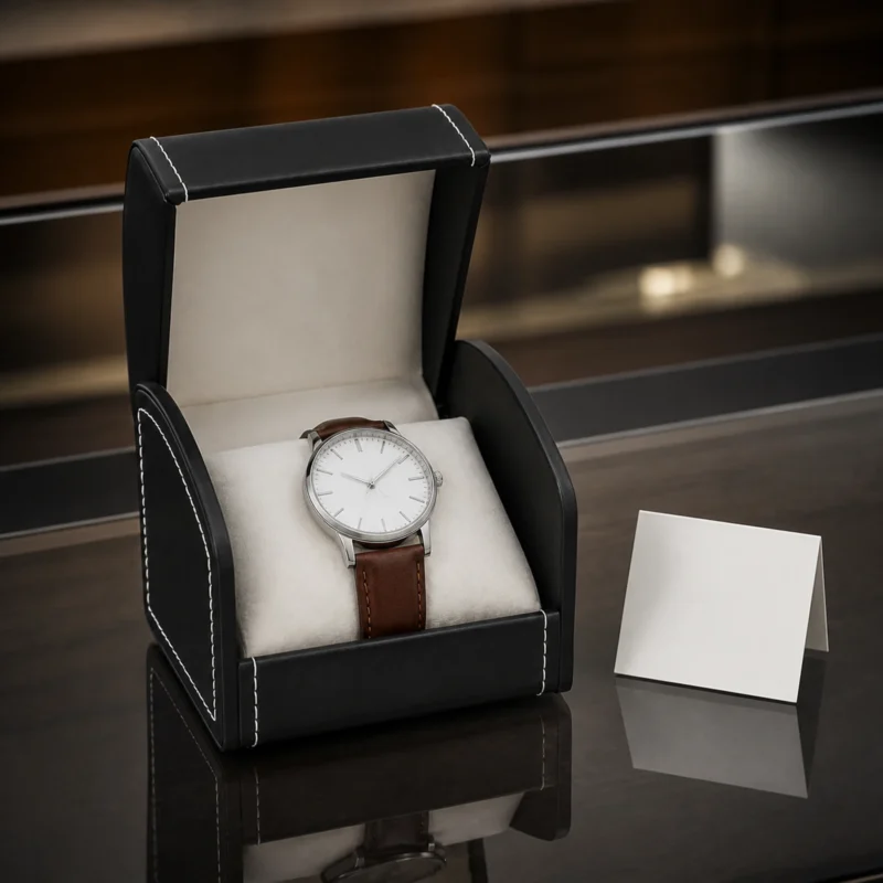 Black genuine leather watch box with wristwatch in a retail presentation scene