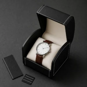 Black genuine leather watch box with wristwatch and coordinated packaging material samples