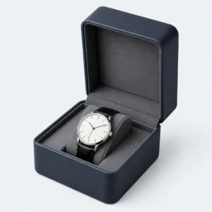 Navy Blue Genuine Leather Watch Box - Main Open Open navy blue genuine leather watch box with wristwatch displayed inside