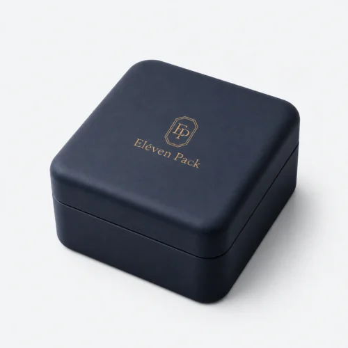 Closed navy blue genuine leather watch box in an angled product view