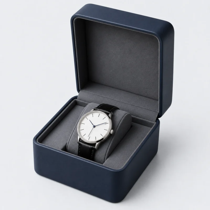 Navy Blue Genuine Leather Watch Box - Watch Cushion Detail Navy blue genuine leather watch box showing the watch cushion detail
