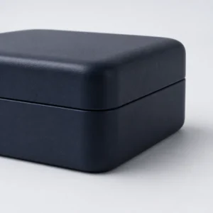 Navy Blue Genuine Leather Watch Box - Lining Construction Detail Navy blue genuine leather watch box showing the lining construction detail
