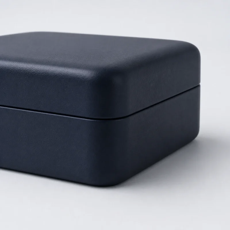 Navy Blue Genuine Leather Watch Box - Lining Construction Detail Navy blue genuine leather watch box showing the lining construction detail
