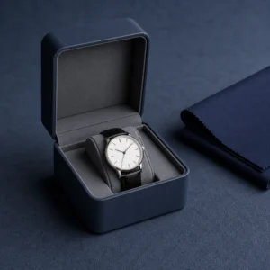 Navy Blue Genuine Leather Watch Box - Usage Scene Navy blue genuine leather watch box with wristwatch in a retail presentation scene