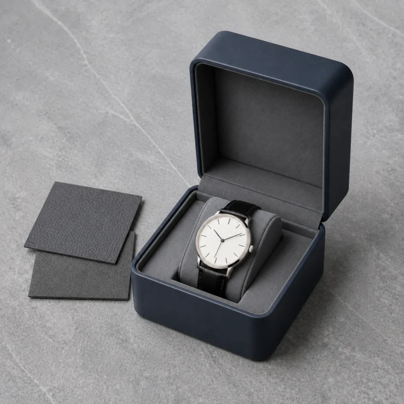 Navy Blue Genuine Leather Watch Box - Packaging System Scene Navy blue genuine leather watch box with wristwatch and coordinated packaging material samples