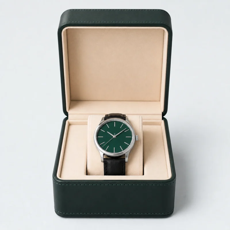 Green and beige genuine leather watch box showing the watch cushion detail