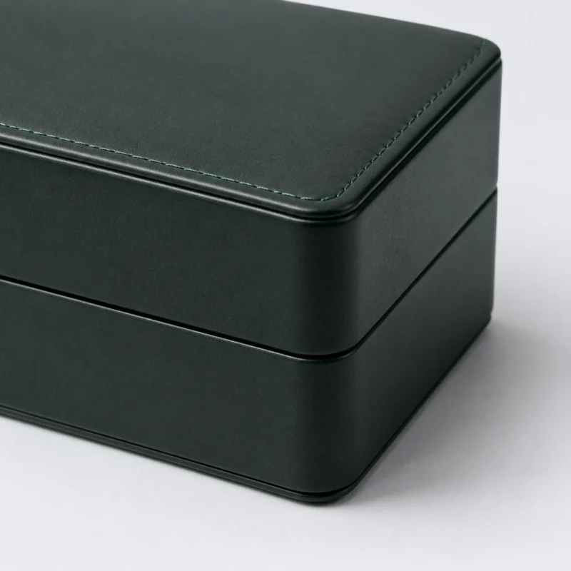 Green and beige genuine leather watch box showing the stitched lid detail