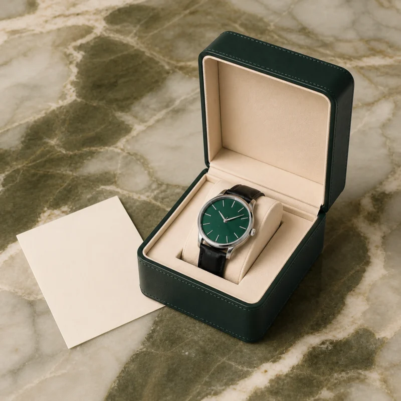 Green and beige genuine leather watch box with wristwatch in a retail presentation scene