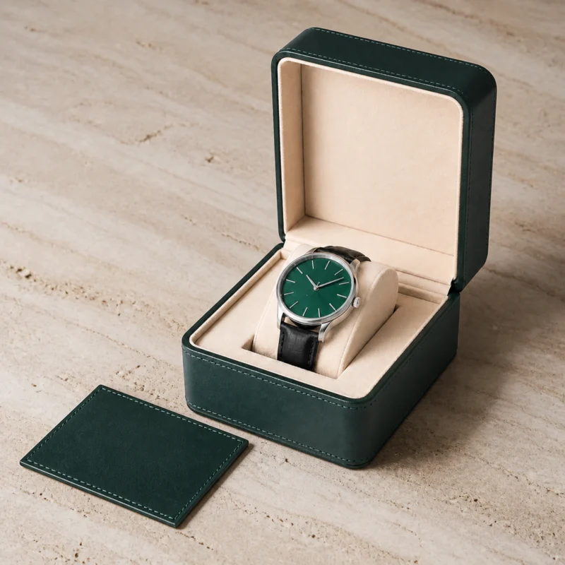 Green and beige genuine leather watch box with wristwatch and coordinated packaging material samples