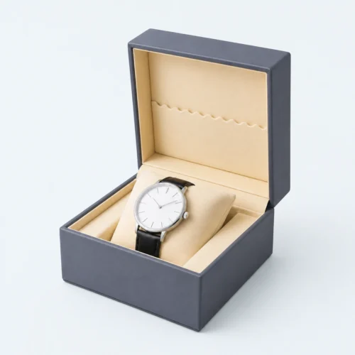 Open blue gray and beige genuine leather watch box with wristwatch displayed inside