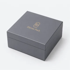 Blue Gray And Beige Genuine Leather Watch Box - Main Closed Closed blue gray and beige genuine leather watch box in an angled product view