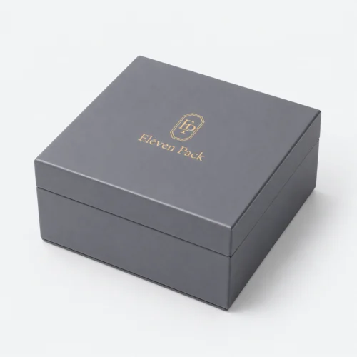 Closed blue gray and beige genuine leather watch box in an angled product view