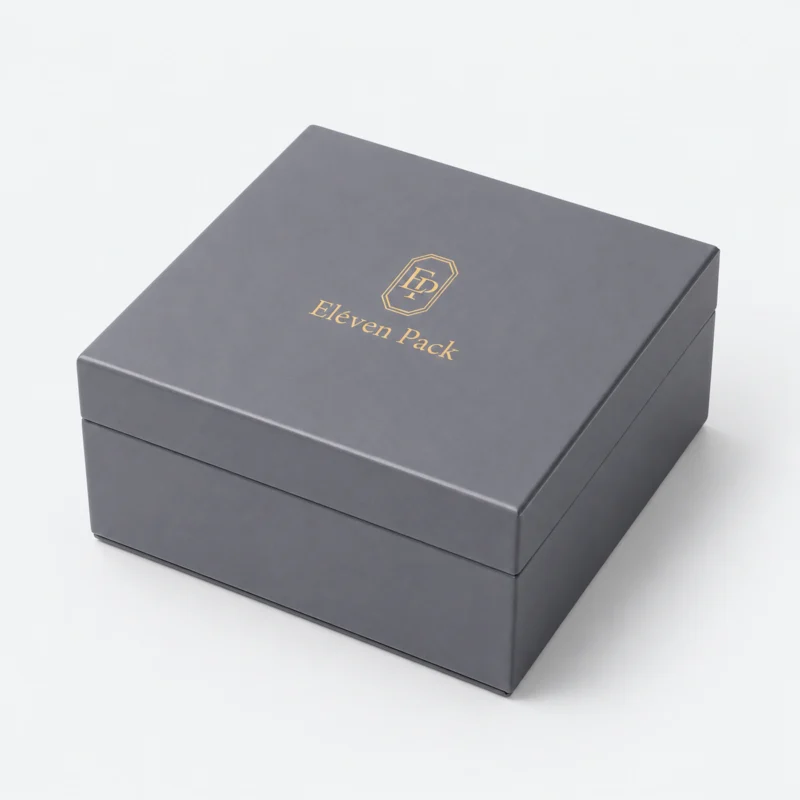 Blue Gray And Beige Genuine Leather Watch Box - Main Closed Closed blue gray and beige genuine leather watch box in an angled product view