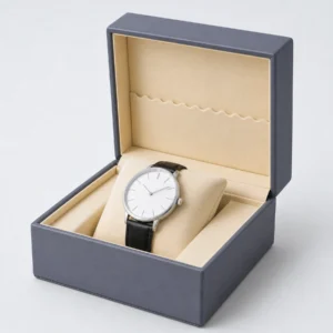 Blue Gray And Beige Genuine Leather Watch Box - Watch Cushion Detail Blue gray and beige genuine leather watch box showing the watch cushion detail