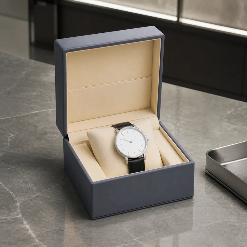 Blue Gray And Beige Genuine Leather Watch Box - Usage Scene Blue gray and beige genuine leather watch box with wristwatch in a retail presentation scene