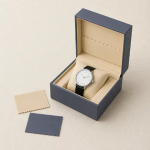 Blue Gray And Beige Genuine Leather Watch Box - Packaging System Scene Blue gray and beige genuine leather watch box with wristwatch and coordinated packaging material samples