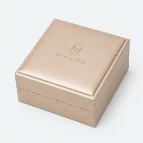 Closed champagne PU leather necklace box in an angled product view