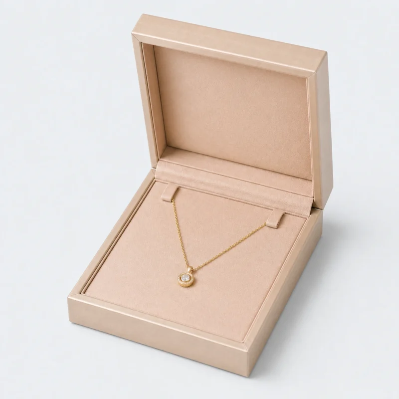 Champagne PU leather necklace box showing the necklace retention detail