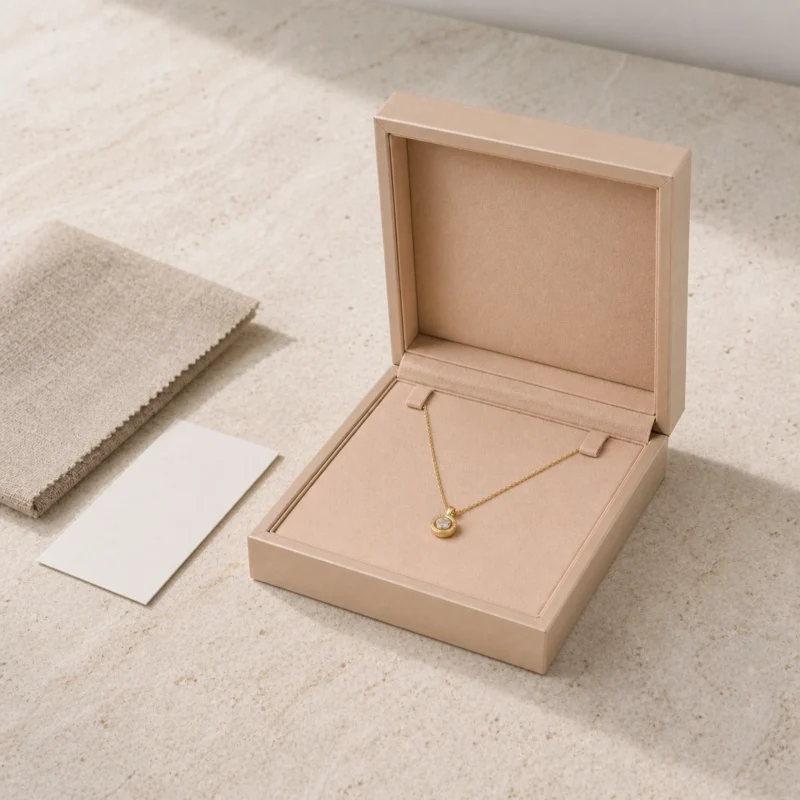 Champagne PU leather necklace box with pendant necklace in a retail presentation scene
