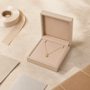 Champagne PU leather necklace box with pendant necklace and coordinated packaging material samples