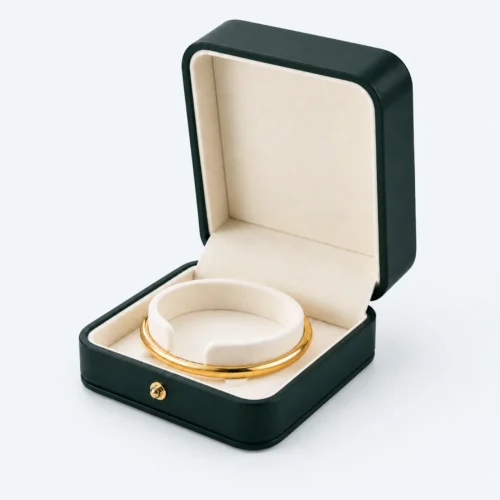 Open dark green PU leather bangle box with bangle displayed inside