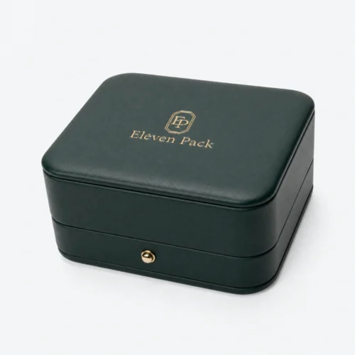 Closed dark green PU leather bangle box in an angled product view