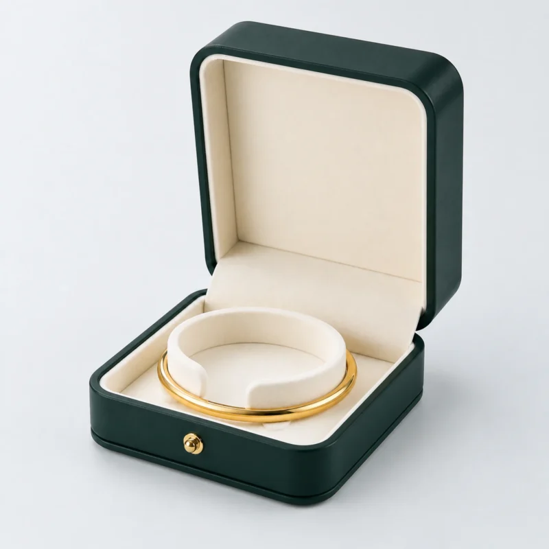 Dark green PU leather bangle box showing the bangle cushion detail