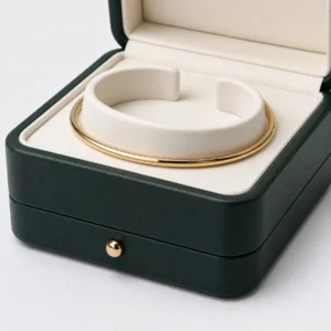 Dark green PU leather bangle box showing the stitching closure detail