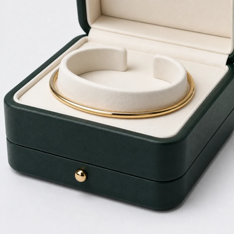 Dark green PU leather bangle box showing the stitching closure detail