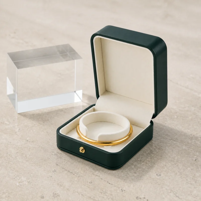 Dark green PU leather bangle box with bangle in a retail presentation scene
