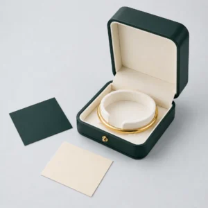 Dark green PU leather bangle box with bangle and coordinated packaging material samples