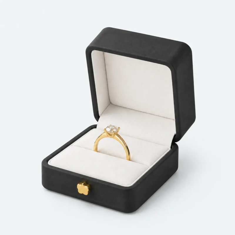 Black PU Leather Ring Box - Main Open Open black PU leather ring box with ring displayed inside