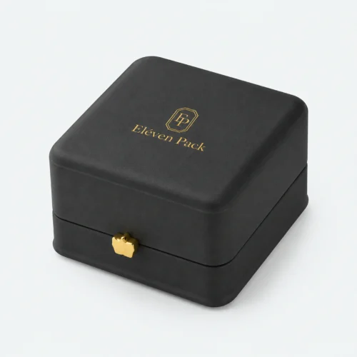 Closed black PU leather ring box in an angled product view