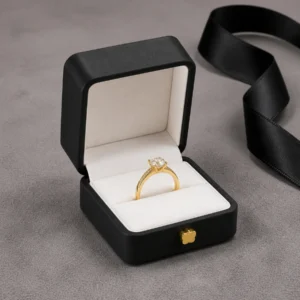 Black PU Leather Ring Box - Usage Scene Black PU leather ring box with ring in a retail presentation scene