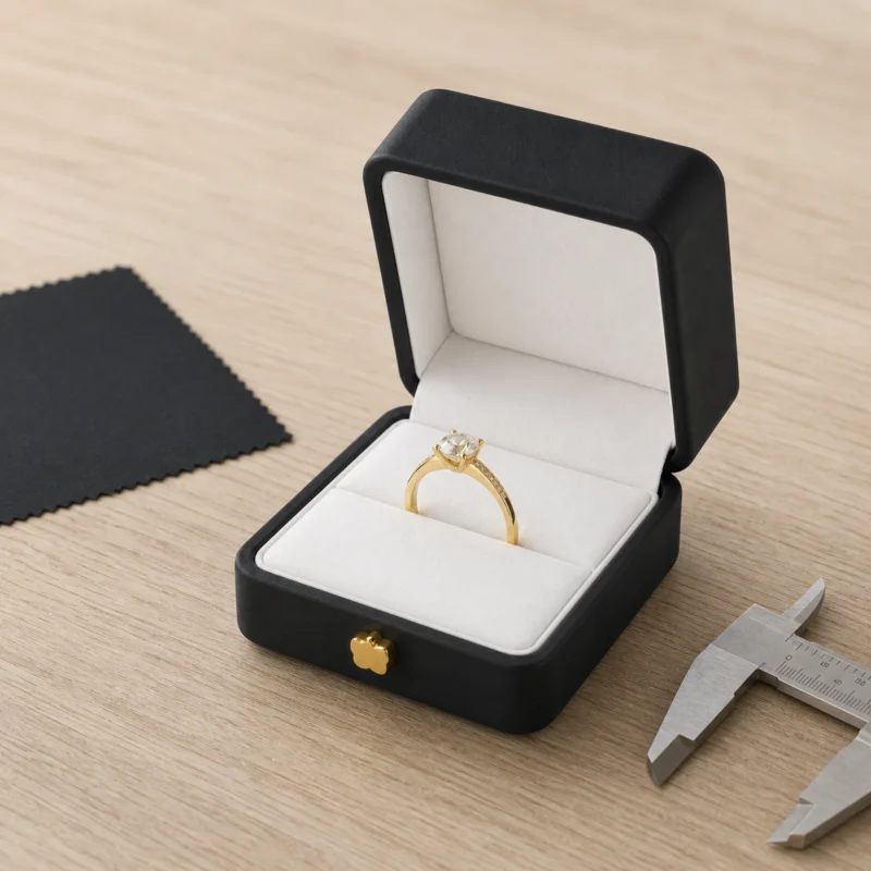 Black PU Leather Ring Box - Packaging System Scene Black PU leather ring box with ring and coordinated packaging material samples