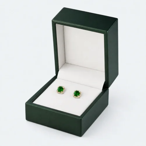 Dark Green PU Leather Earring Box - Main Open Open dark green PU leather earring box with green stud earrings displayed inside