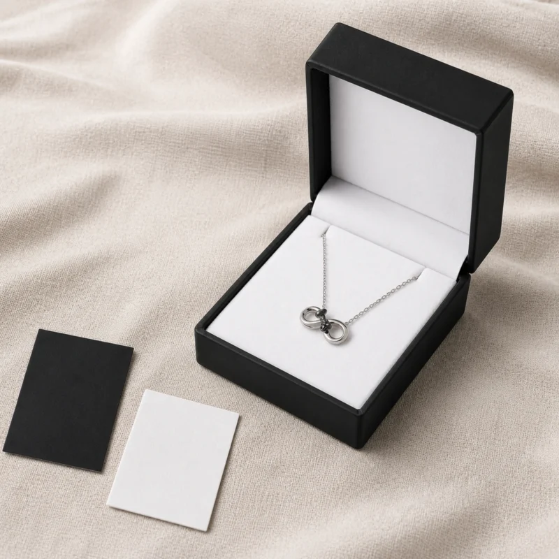 Black and white PU leather necklace box with silver necklace and coordinated packaging material samples