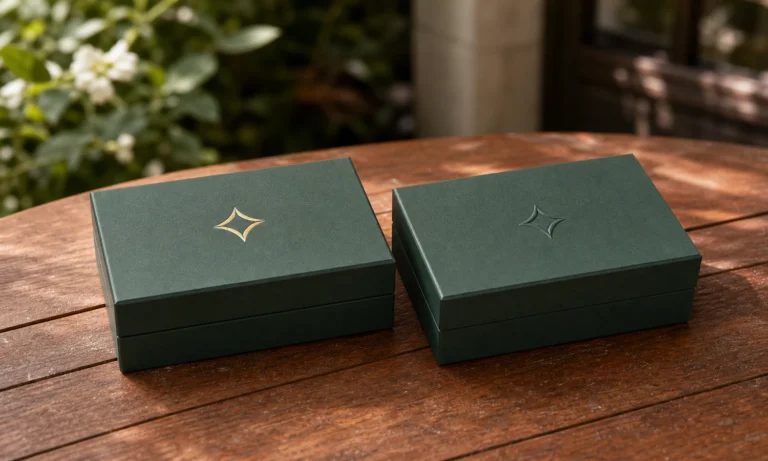 Matching green jewelry boxes compare a champagne-gold foil logo with a blind embossed logo.