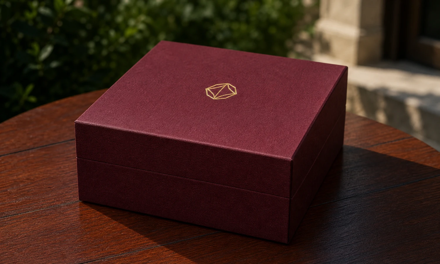 Burgundy rigid jewelry box with a champagne-gold hot foil logo under natural side light.