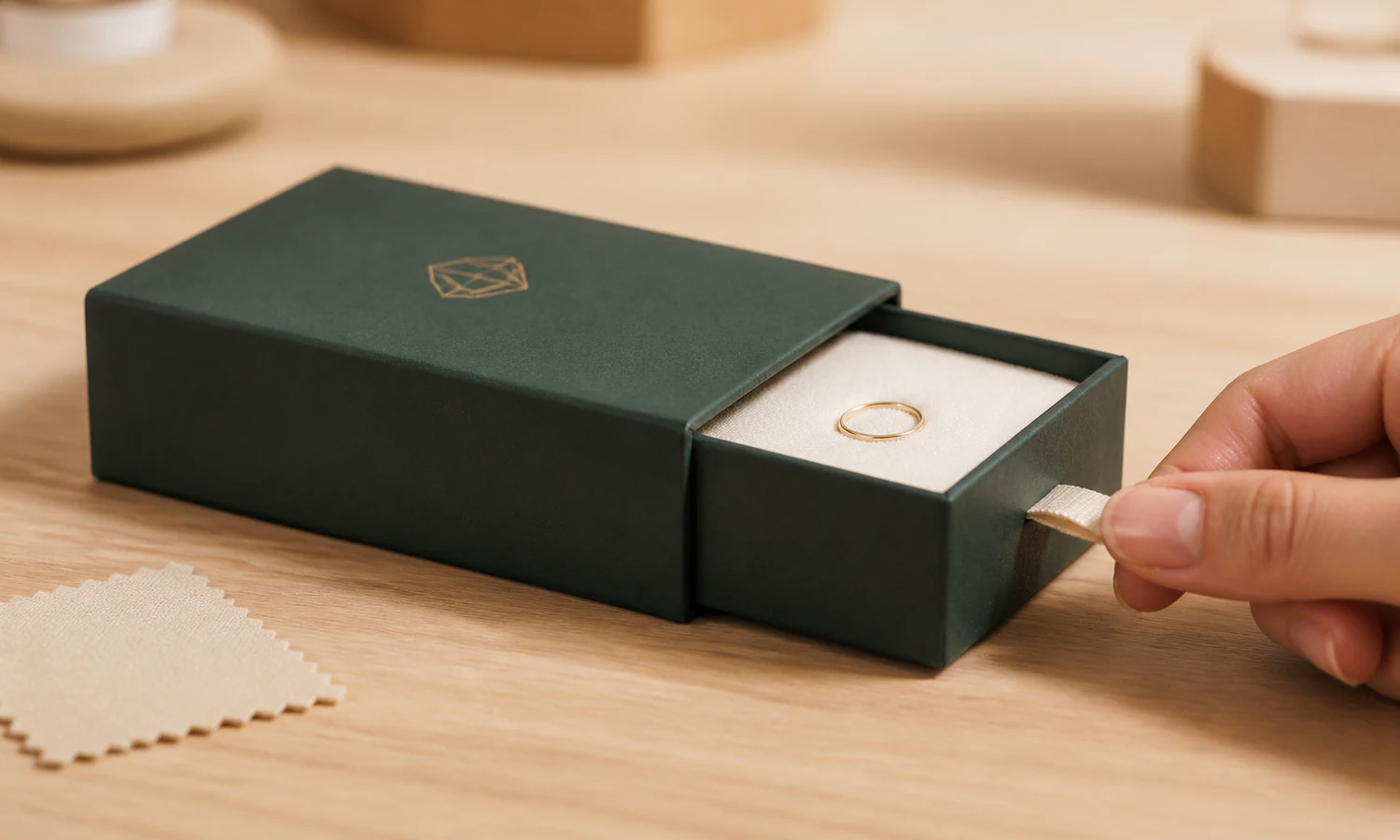 Hand pulling open a deep-green drawer jewelry box with a ring secured in a cream insert.
