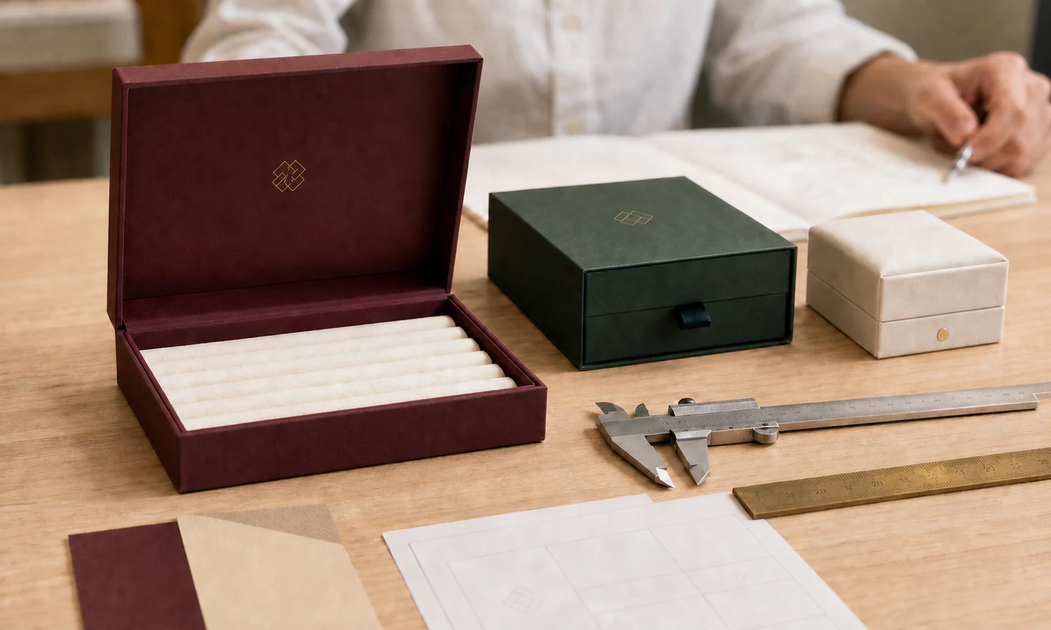 Packaging buyer reviewing three jewelry box samples with a caliper, ruler, swatches, and checklist.