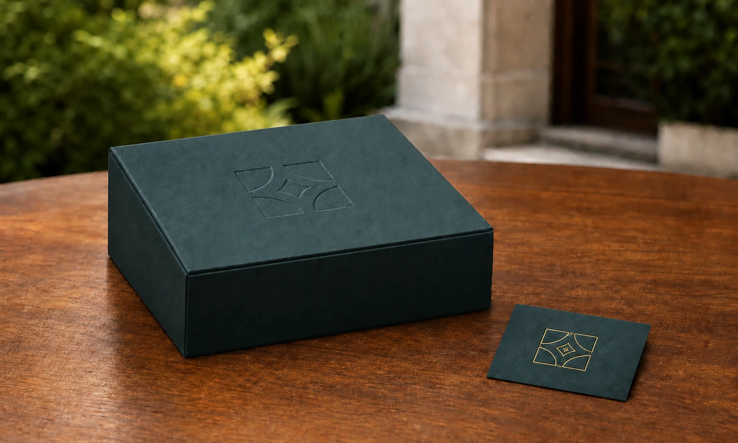 Navy-green jewelry box and foil sample card used to review logo finish and material response.